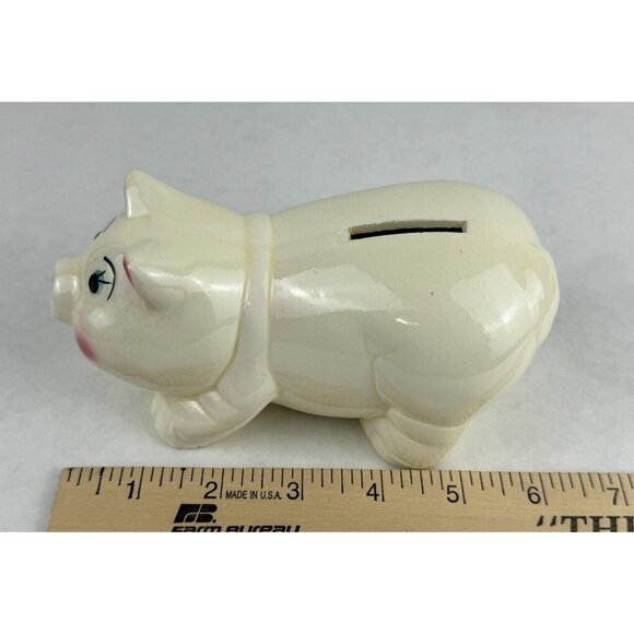 Vintage Painted Ceramic Standing Piggy Bank Off White Pottery Taiwan Made 6x3 in - Picture 10 of 12